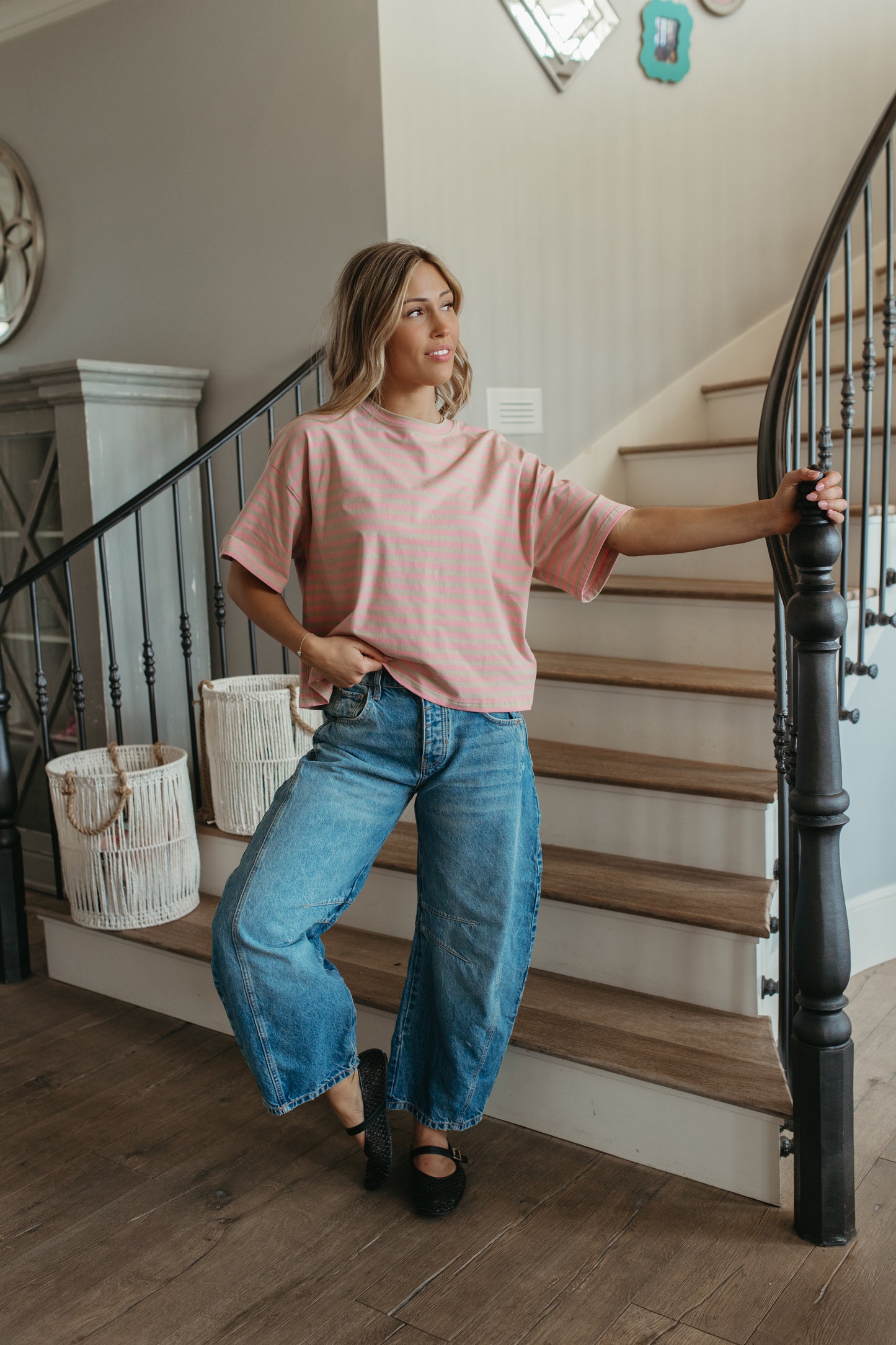 THE EVELYN OVERSIZED STRIPE TEE IN OAT/PINK