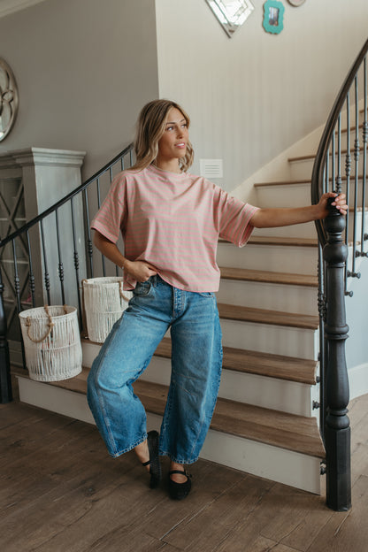 THE EVELYN OVERSIZED STRIPE TEE IN OAT/PINK
