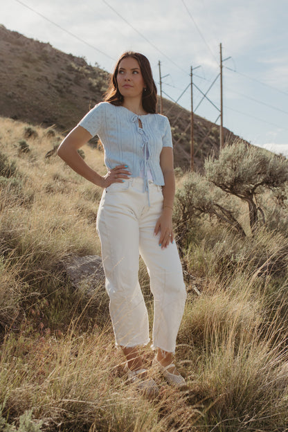 THE KAILEY TIE-FRONT KNIT TOP IN BLUE
