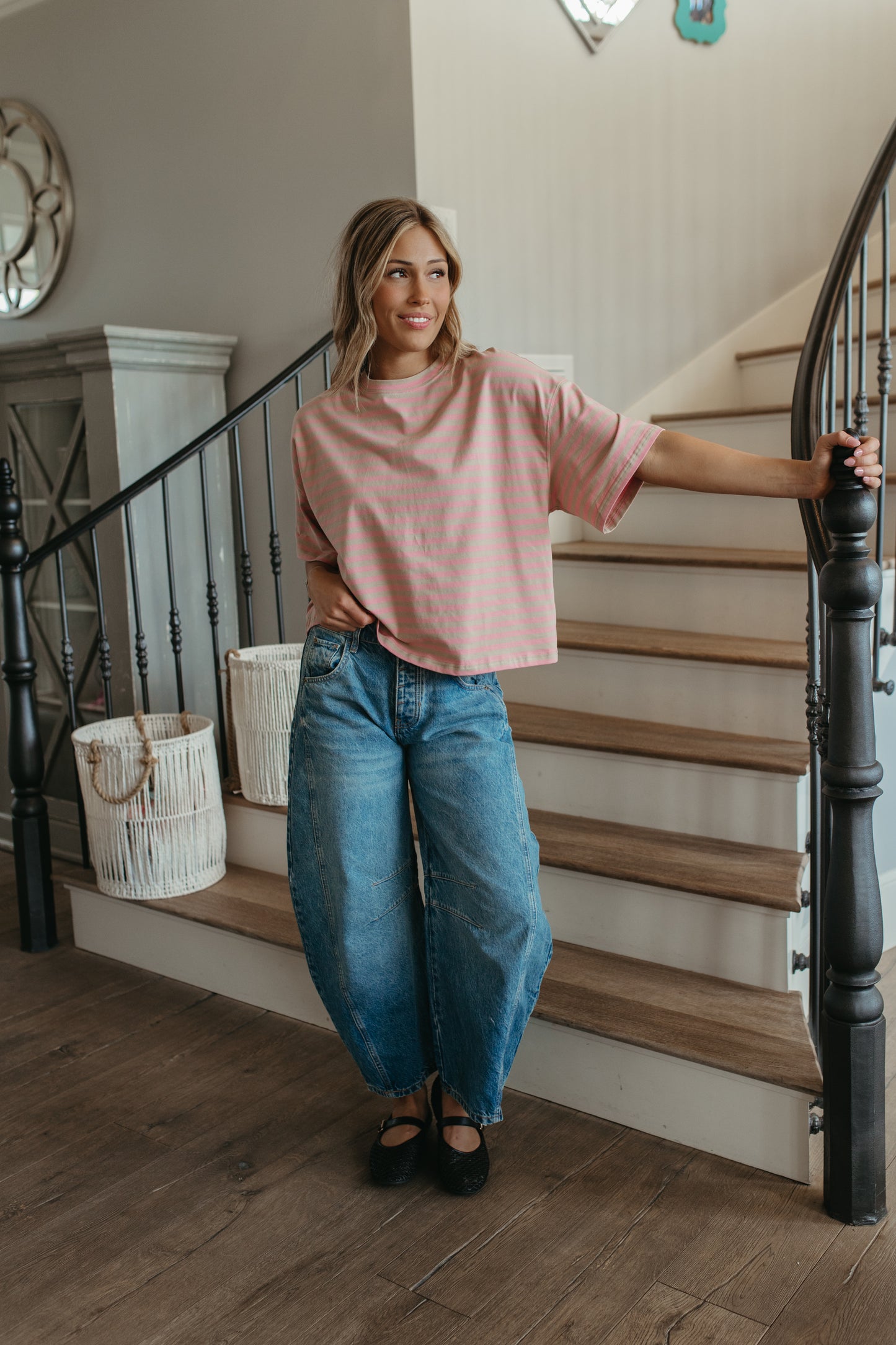 THE EVELYN OVERSIZED STRIPE TEE IN OAT/PINK