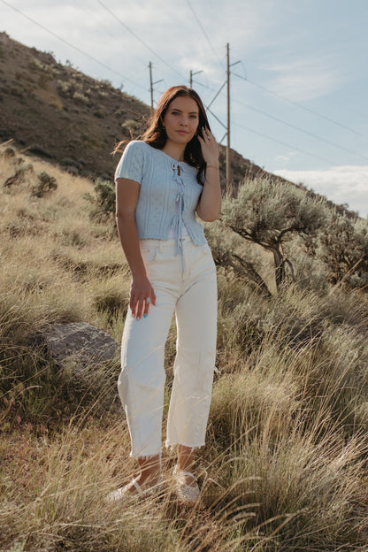THE KAILEY TIE-FRONT KNIT TOP IN BLUE