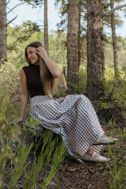 THE ARABELLA PLAID MIDI SMOCKED SKIRT IN LIGHT KHAKI
