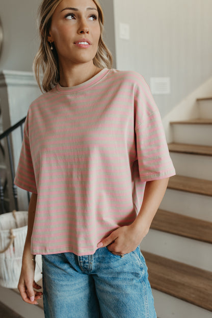 THE EVELYN OVERSIZED STRIPE TEE IN OAT/PINK
