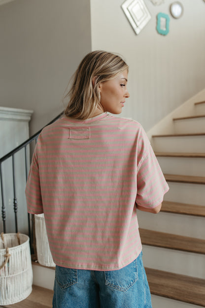 THE EVELYN OVERSIZED STRIPE TEE IN OAT/PINK