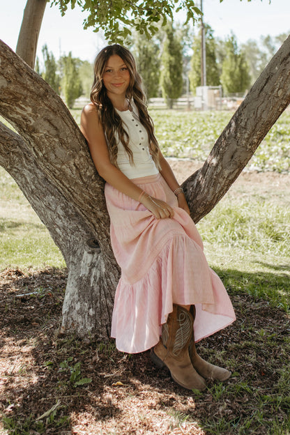 THE LEILA TIERED LACE TRIM SKIRT IN BLUSH