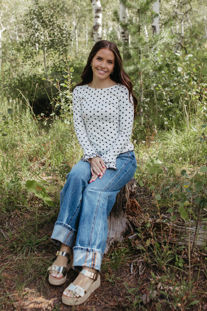 THE KARLA POLKA DOT LONG SLEEVE RUFFLE SHIRT IN WHITE