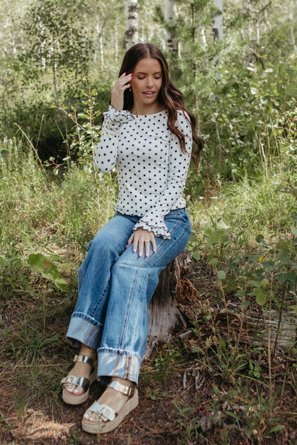 THE KARLA POLKA DOT LONG SLEEVE RUFFLE SHIRT IN WHITE