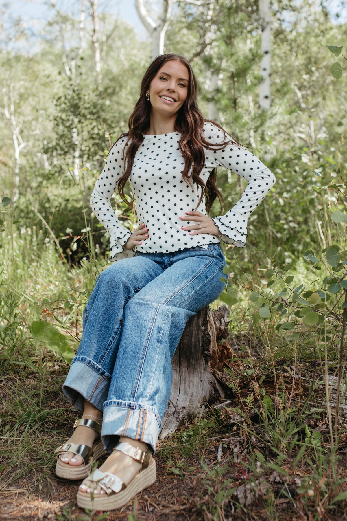 THE KARLA POLKA DOT LONG SLEEVE RUFFLE SHIRT IN WHITE