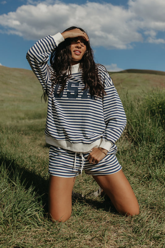 THE AMERICANA NAVY STRIPE SHORTS