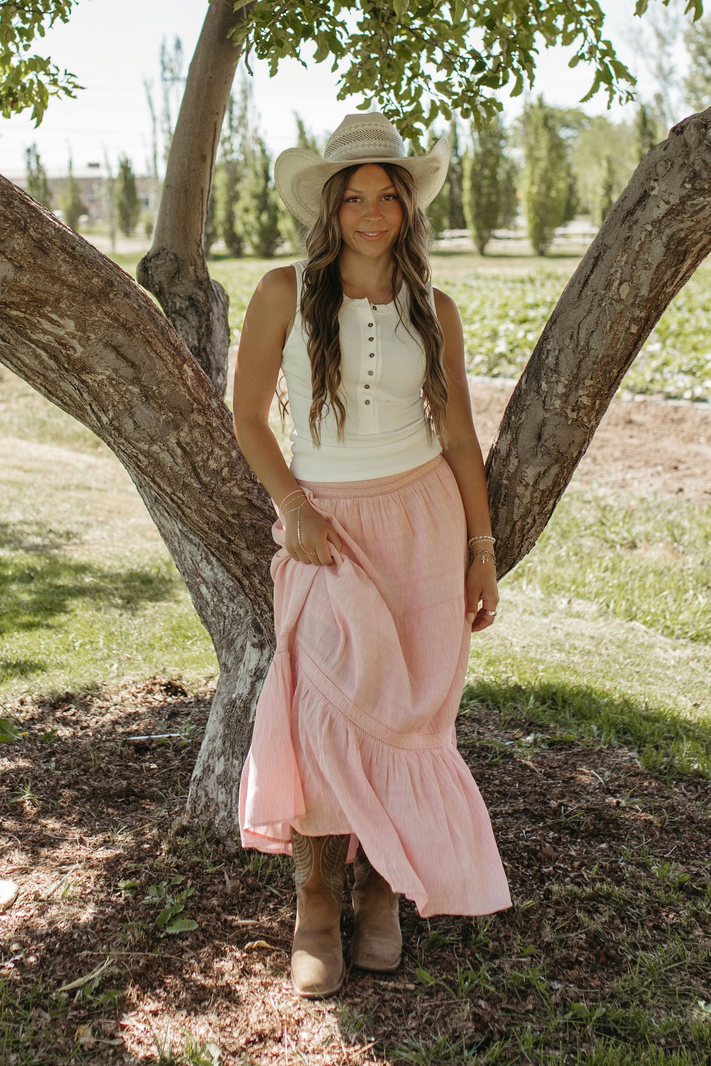 THE LEILA TIERED LACE TRIM SKIRT IN BLUSH