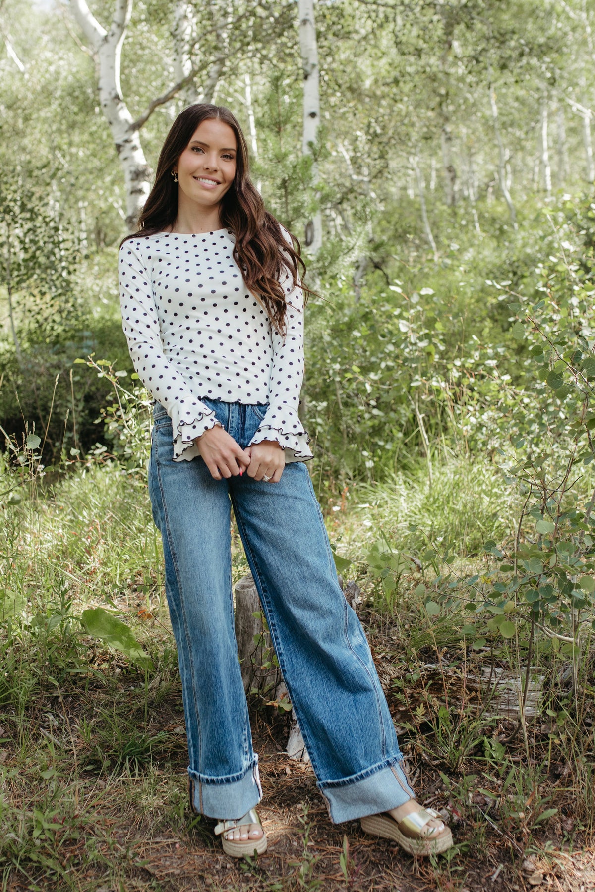 THE KARLA POLKA DOT LONG SLEEVE RUFFLE SHIRT IN WHITE
