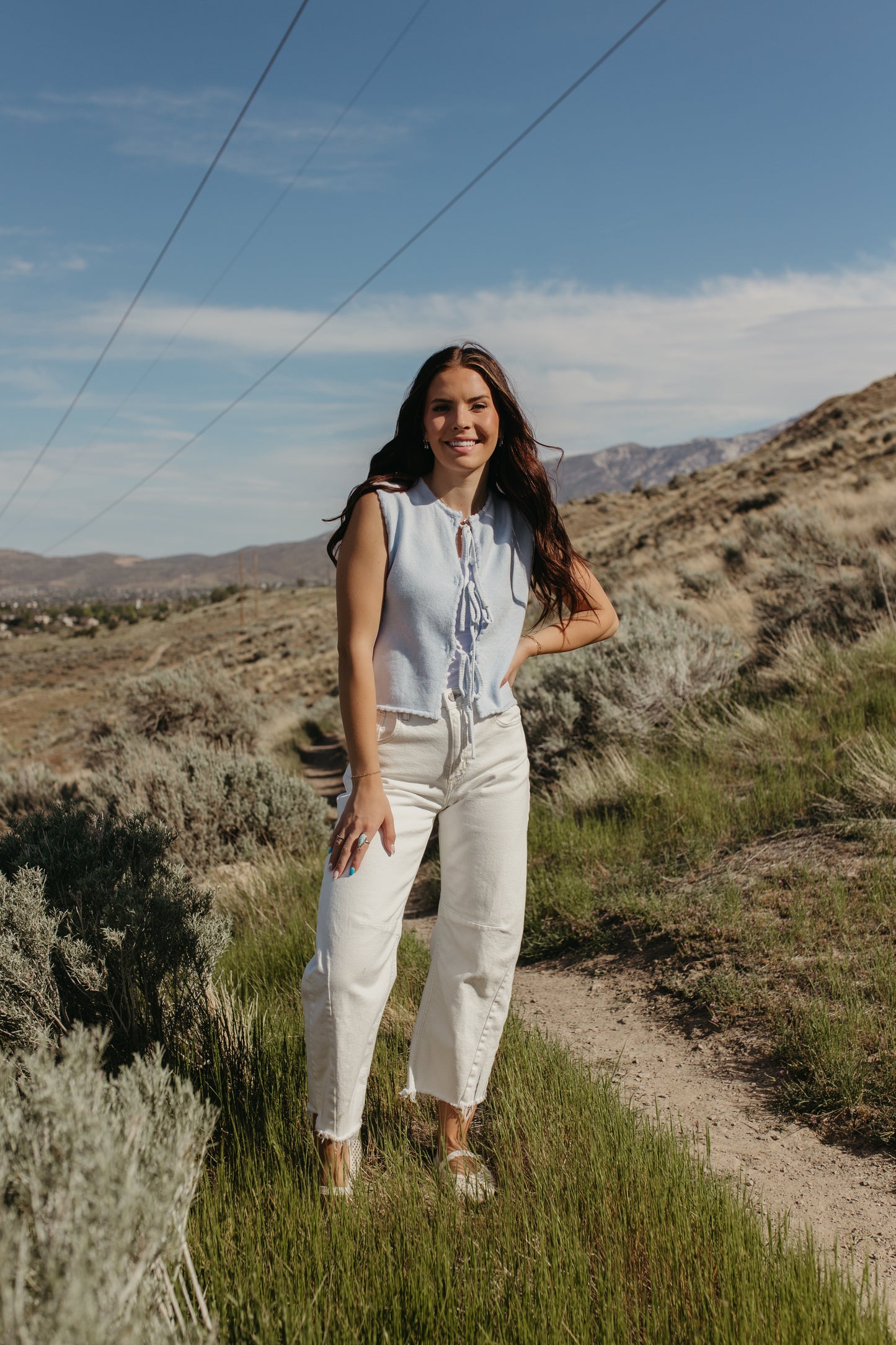 THE JUNE TIE-FRONT SCALLOPED HEM VEST IN BLUE