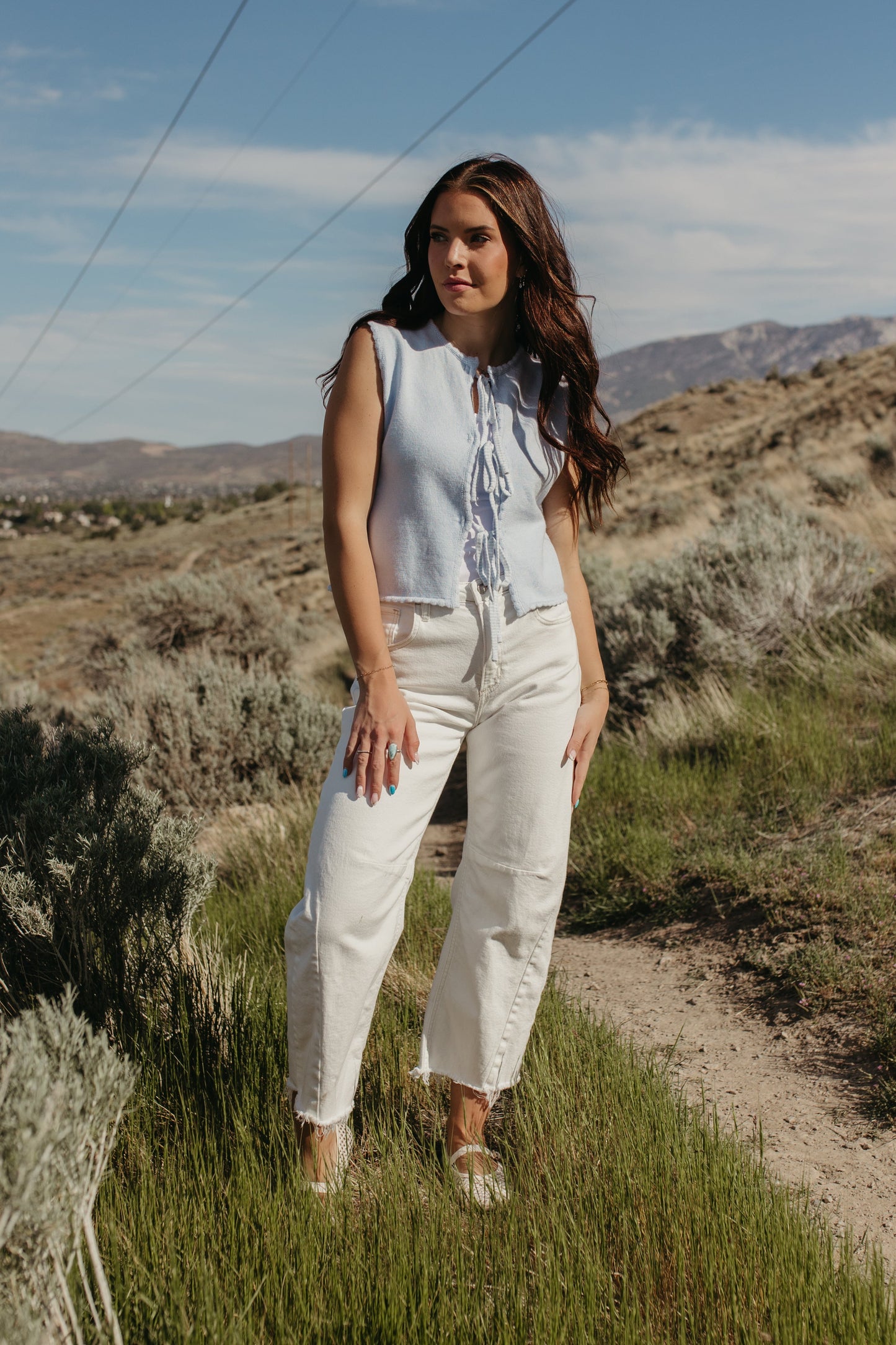 THE JUNE TIE-FRONT SCALLOPED HEM VEST IN BLUE