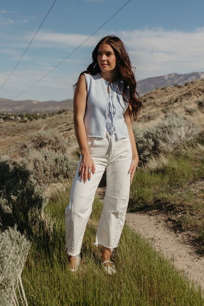 THE JUNE TIE-FRONT SCALLOPED HEM VEST IN BLUE