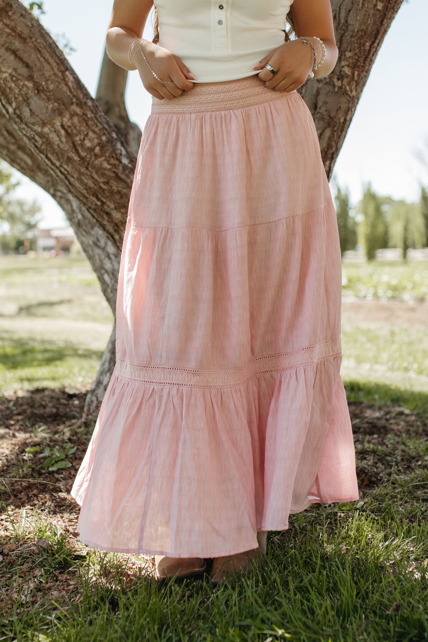 THE LEILA TIERED LACE TRIM SKIRT IN BLUSH