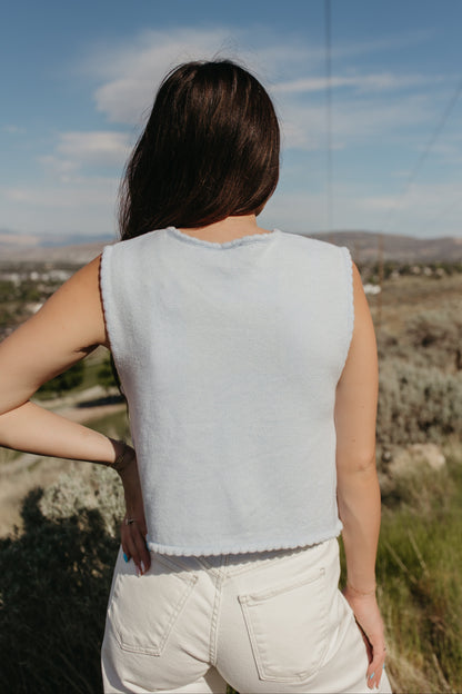 THE JUNE TIE-FRONT SCALLOPED HEM VEST IN BLUE
