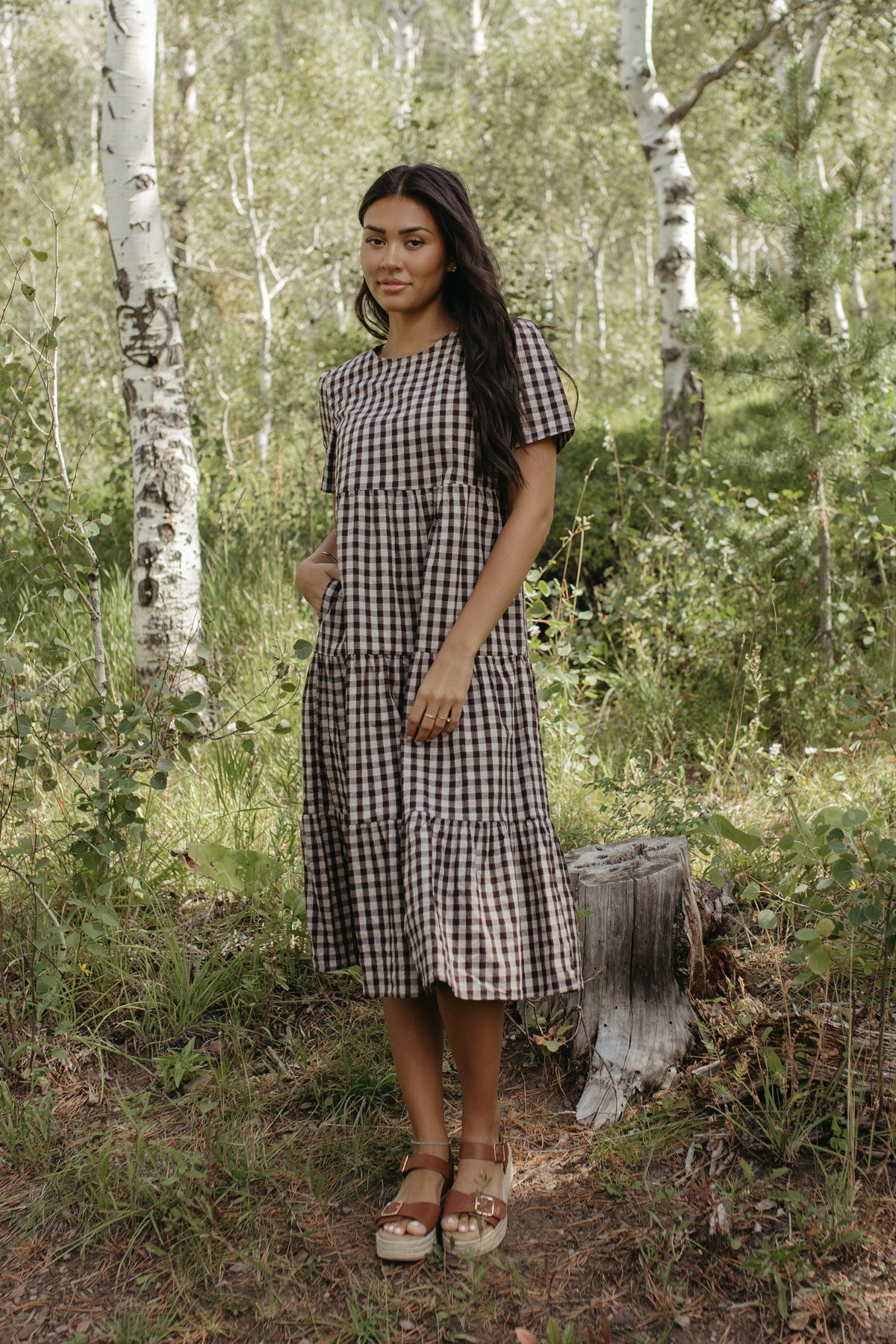 THE CLAIRE PLAID TIERED DRESS IN BROWN