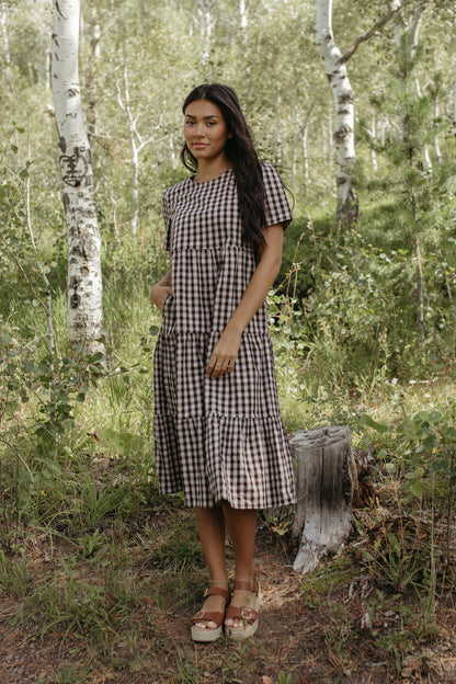 THE CLAIRE PLAID TIERED DRESS IN BROWN