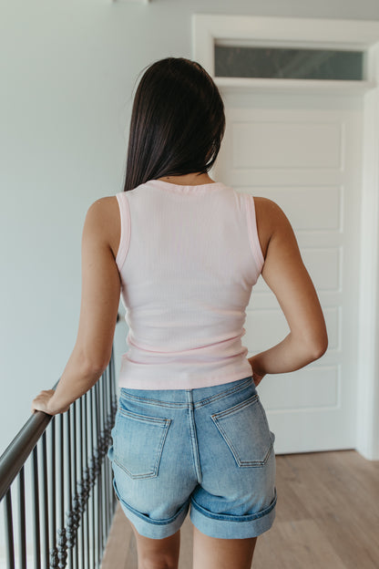 THE BRIELLE RIBBED BUTTON FRONT TANK TOP IN SOFT PINK