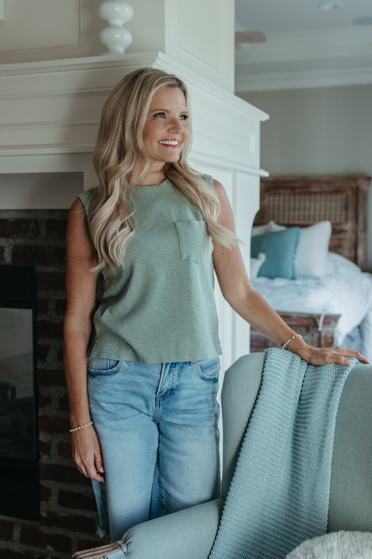 THE KHYLEE  SLEEVELESS COTTON TOP IN SAGE GREEN