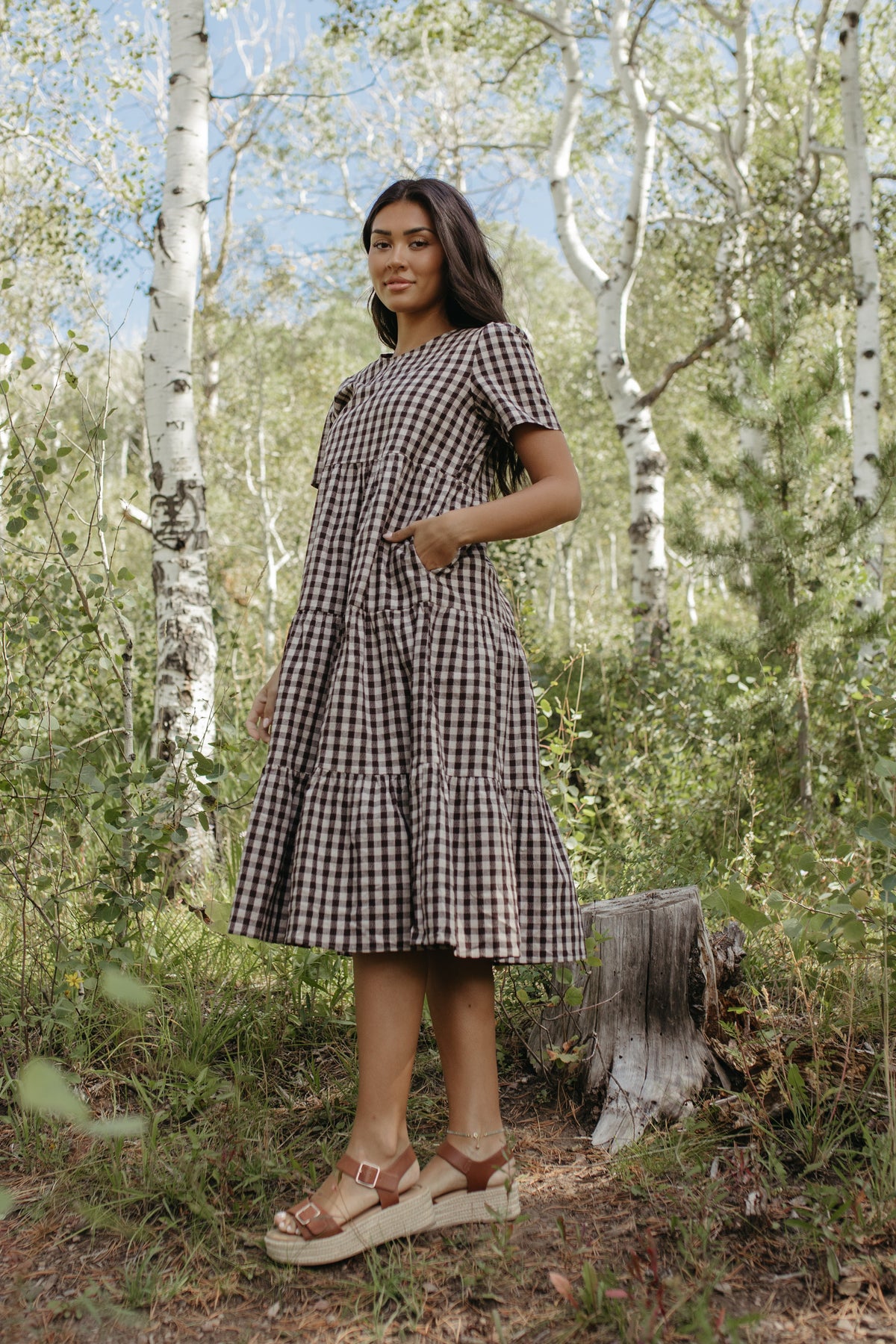 THE CLAIRE PLAID TIERED DRESS IN BROWN