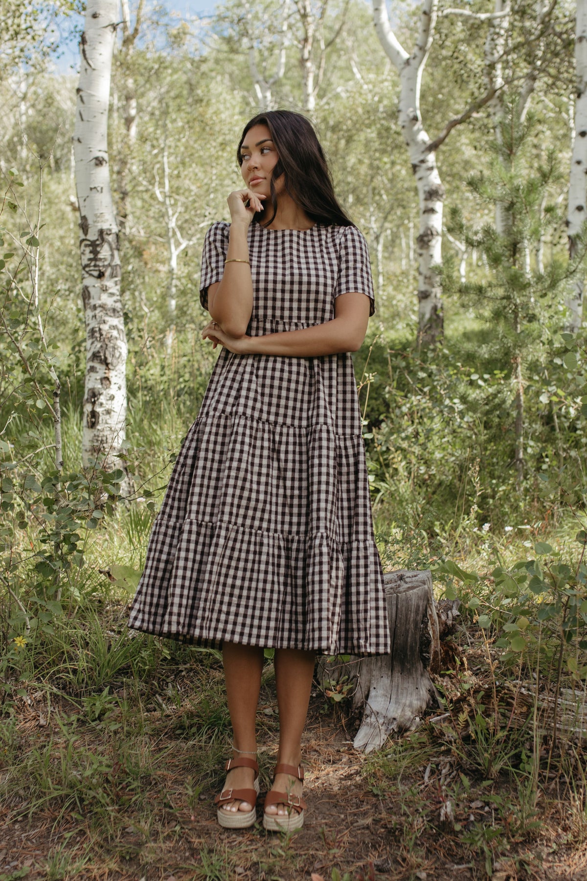 THE CLAIRE PLAID TIERED DRESS IN BROWN