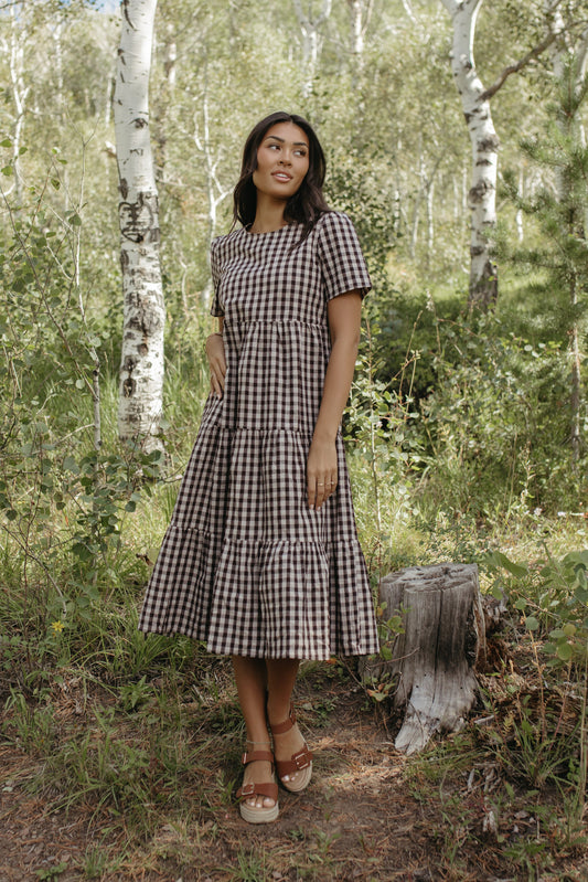 THE CLAIRE PLAID TIERED DRESS IN BROWN