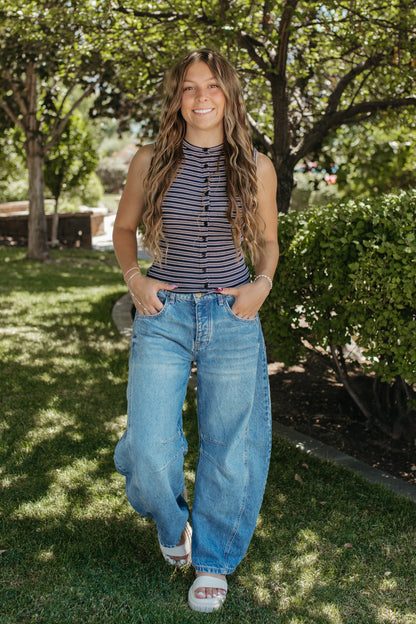 THE GUINEVERE STRIPED SLEEVELESS BUTTON TANK IN NAVY