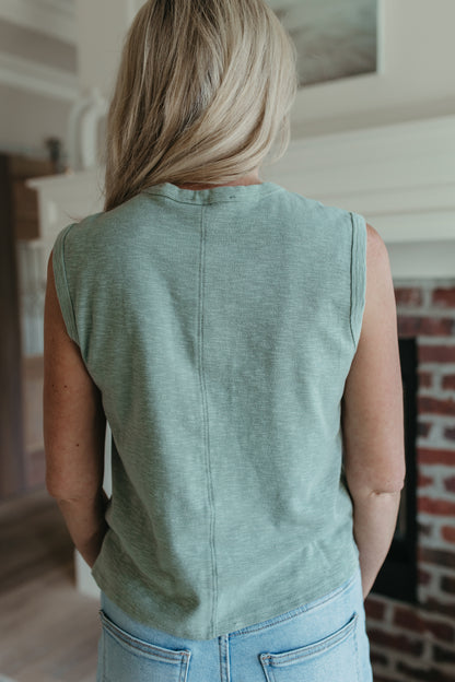 THE KHYLEE  SLEEVELESS COTTON TOP IN SAGE GREEN