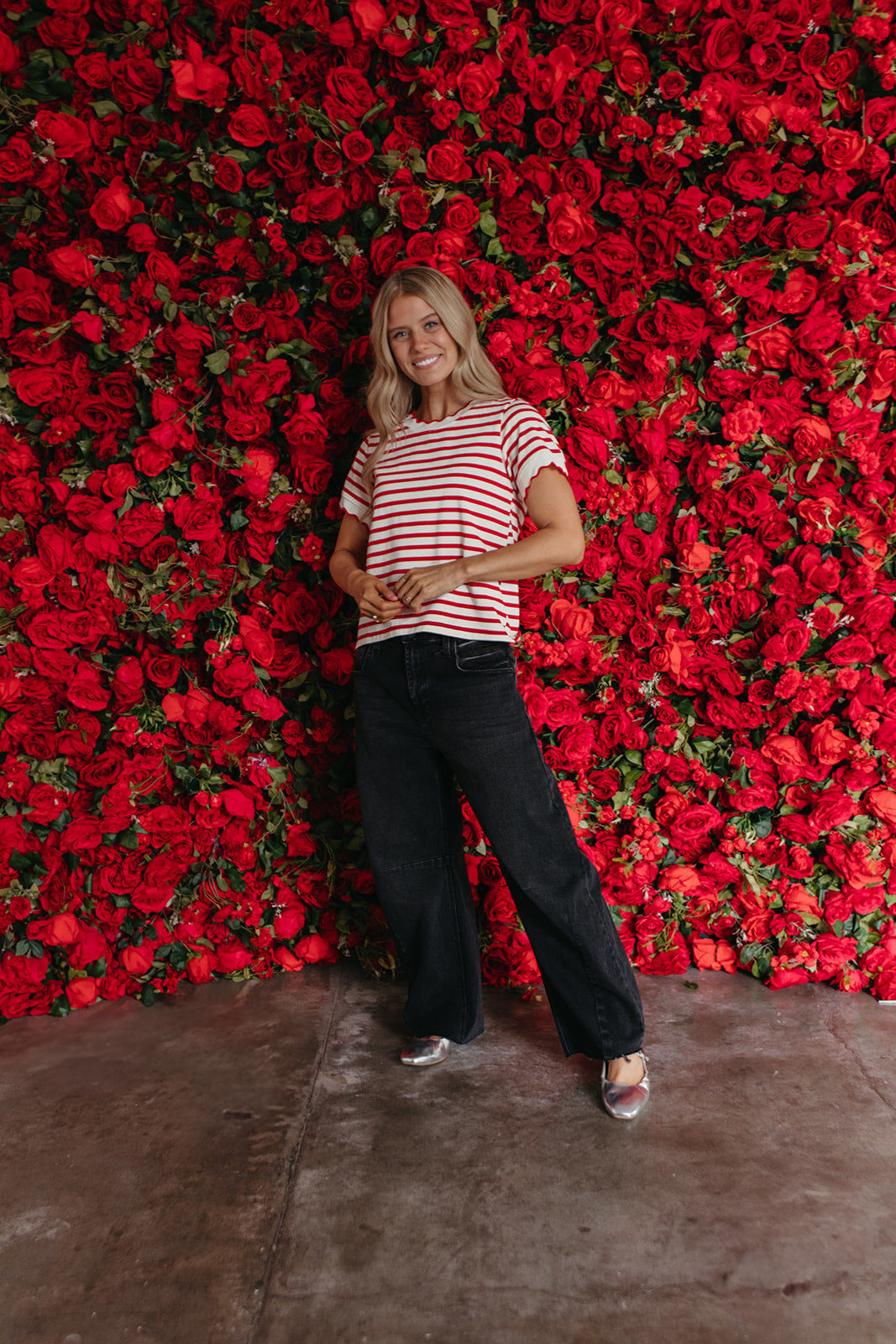 THE RORY SCALLOPED STRIPE TOP IN RED