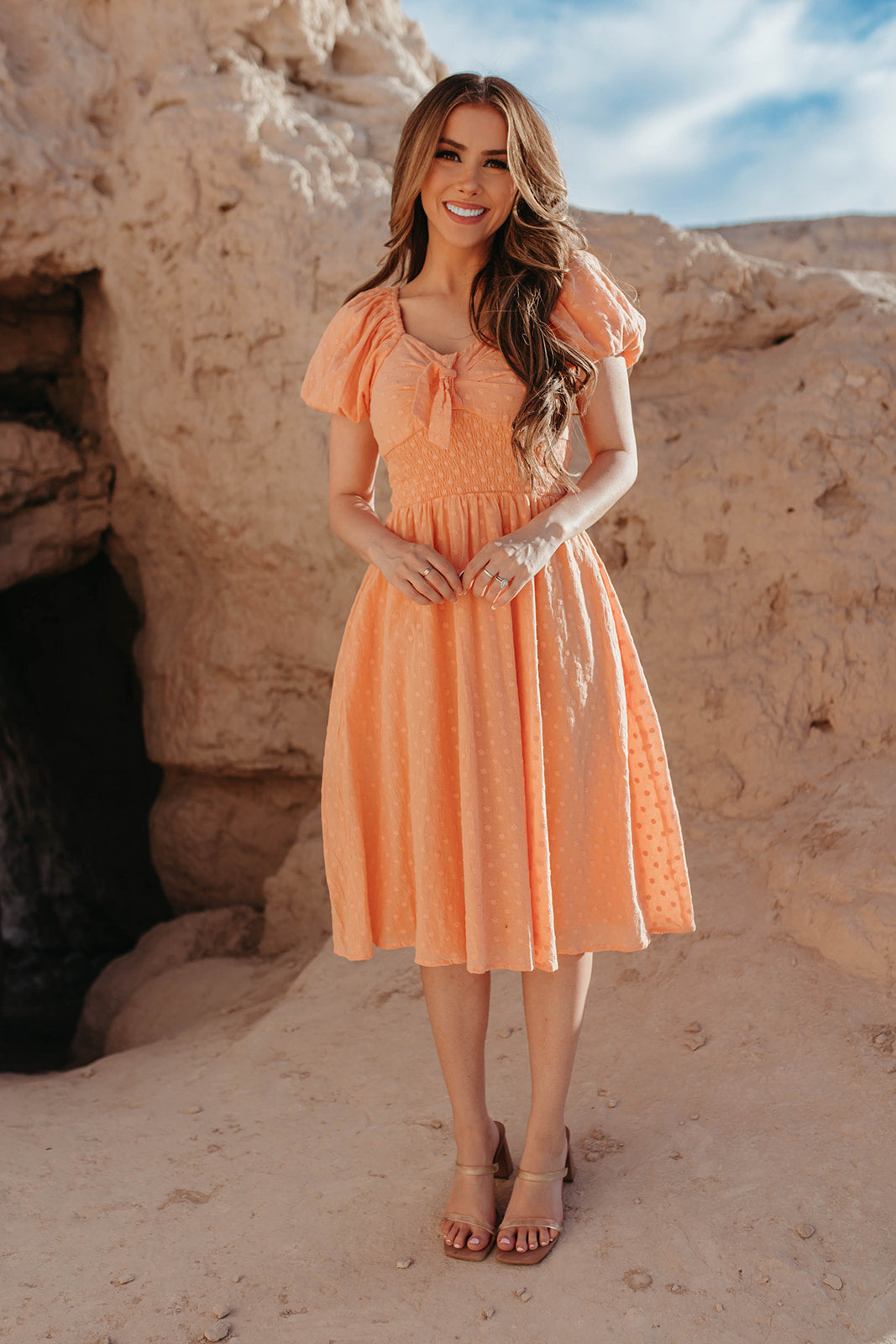 peach and brown dress Melancholy Resin Buckle Satin Midi Dress Peach