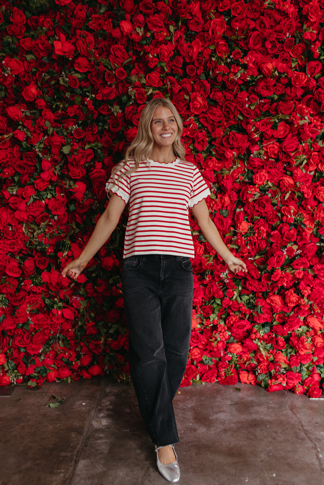 THE RORY SCALLOPED STRIPE TOP IN RED
