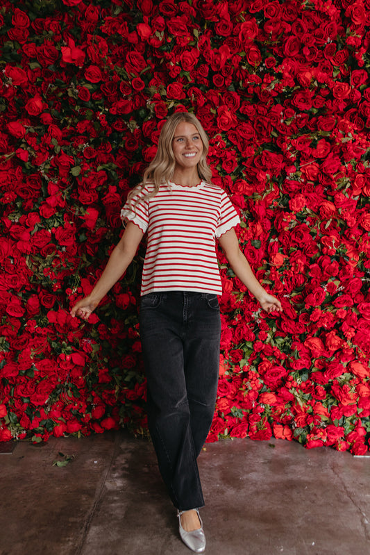 THE RORY SCALLOPED STRIPE TOP IN RED