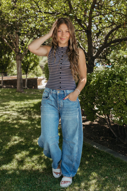 THE GUINEVERE STRIPED SLEEVELESS BUTTON TANK IN NAVY