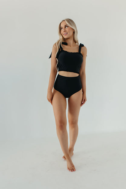 RUFFLE TIE STRAP MIDKINI SWIM TOP IN BLACK BY PINK DESERT