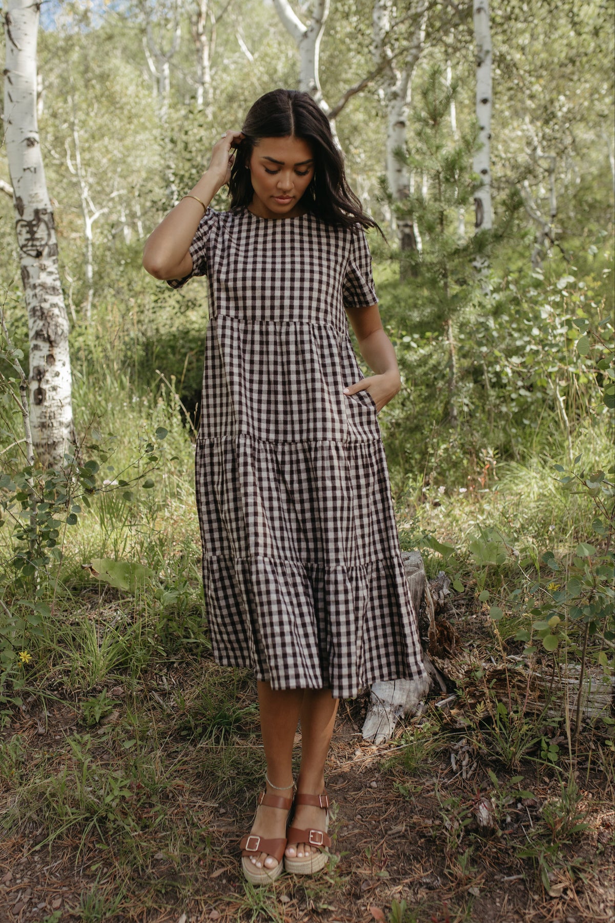 THE CLAIRE PLAID TIERED DRESS IN BROWN