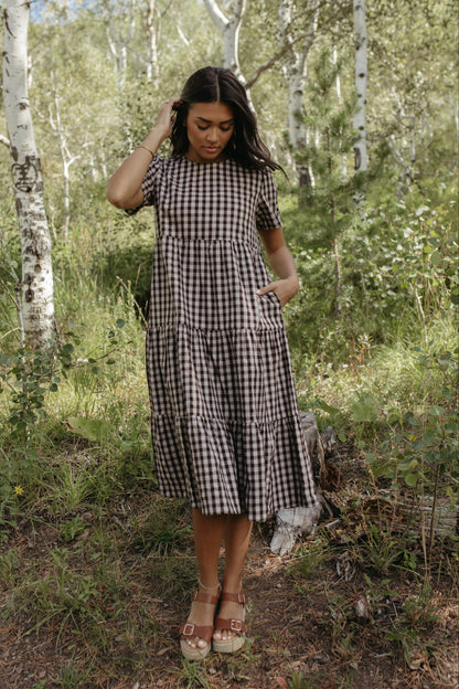 THE CLAIRE PLAID TIERED DRESS IN BROWN