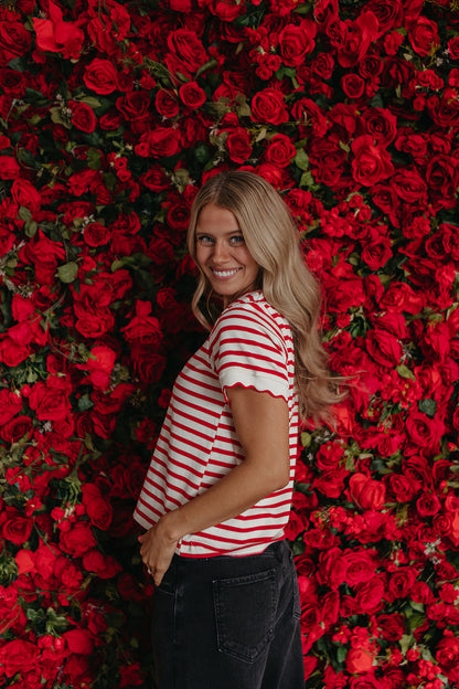 THE RORY SCALLOPED STRIPE TOP IN RED