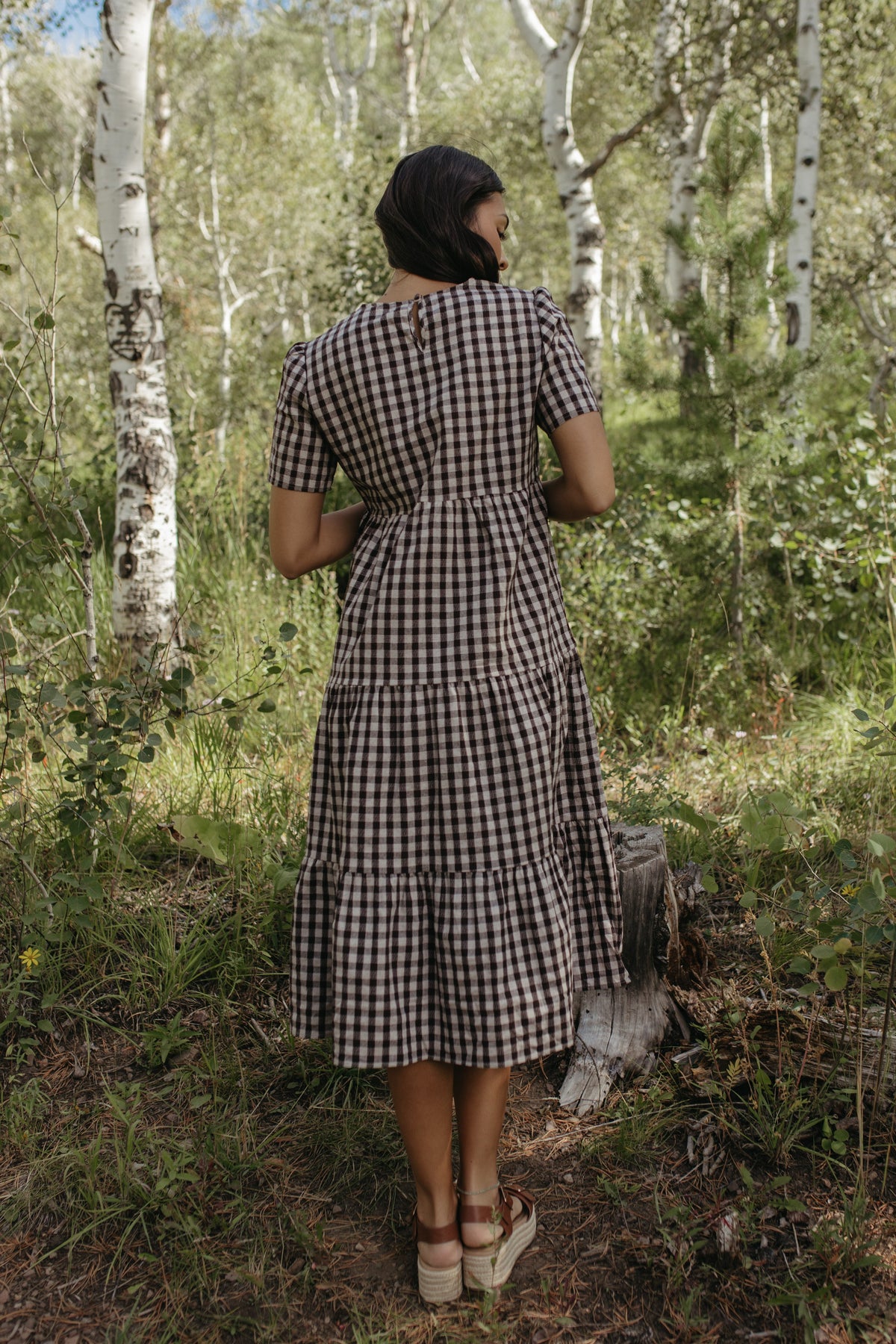 THE CLAIRE PLAID TIERED DRESS IN BROWN