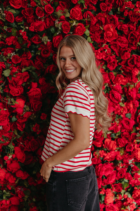 THE RORY SCALLOPED STRIPE TOP IN RED