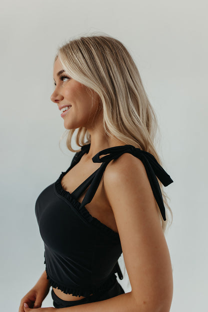 RUFFLE TIE STRAP MIDKINI SWIM TOP IN BLACK BY PINK DESERT
