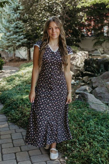 THE MAVIS FLORAL MIDI BUTTON DRESS IN ANTIQUE BLACK ROSE
