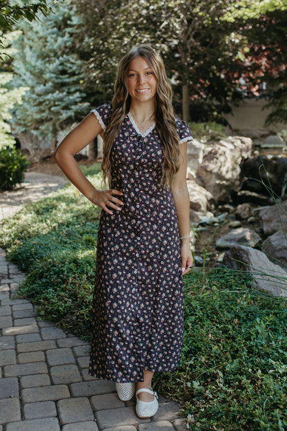 THE MAVIS FLORAL MIDI BUTTON DRESS IN ANTIQUE BLACK ROSE