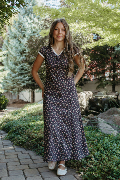 THE MAVIS FLORAL MIDI BUTTON DRESS IN ANTIQUE BLACK ROSE