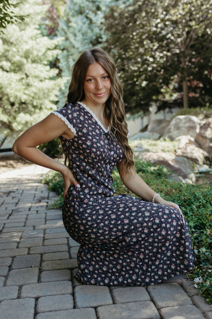 THE MAVIS FLORAL MIDI BUTTON DRESS IN ANTIQUE BLACK ROSE