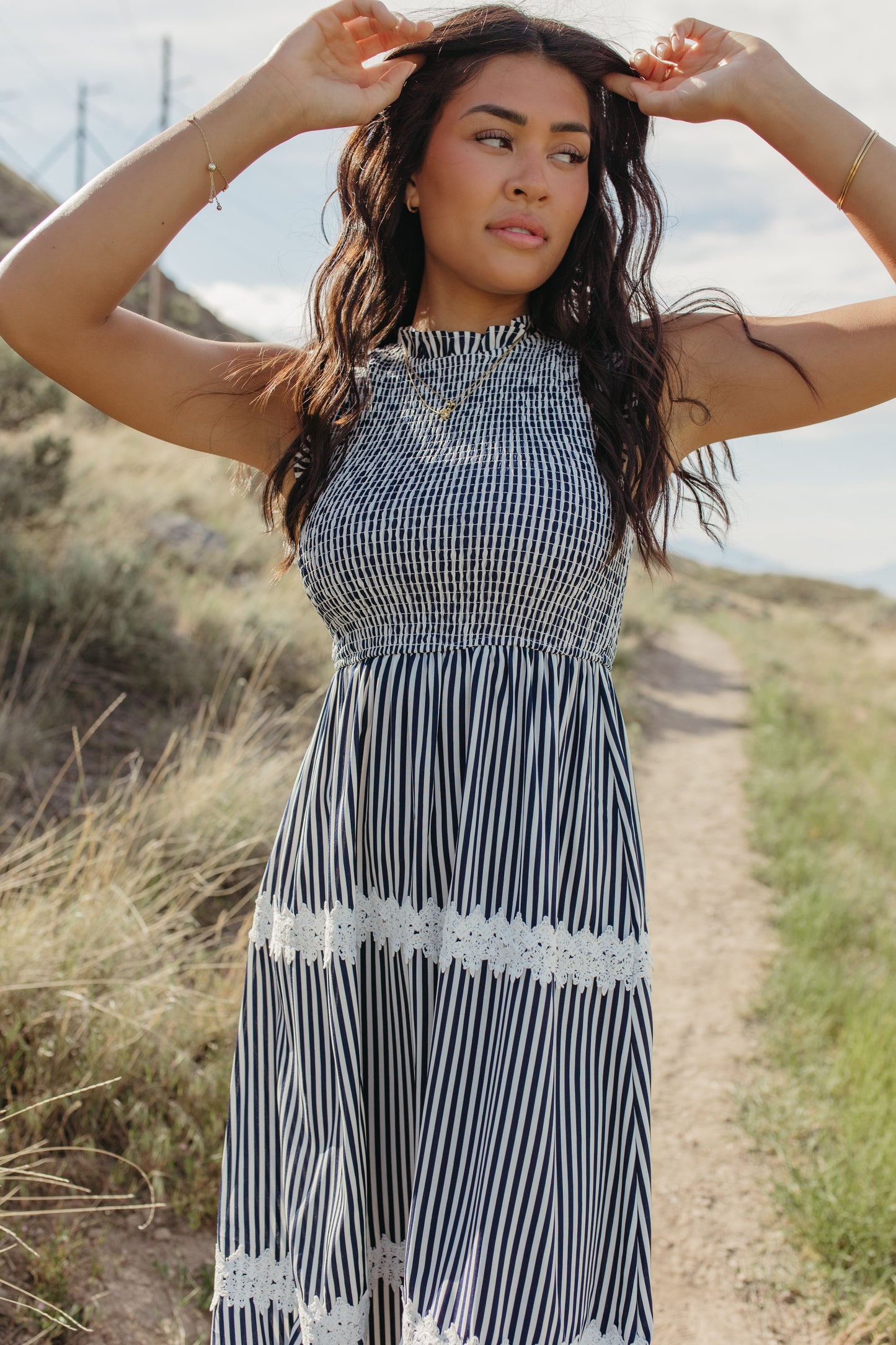 THE HARLOW STRIPED SMOCKED DRESS IN NAVY