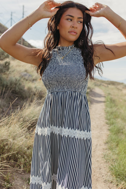 THE HARLOW STRIPED SMOCKED DRESS IN NAVY