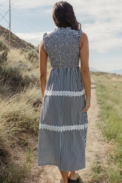 THE HARLOW STRIPED SMOCKED DRESS IN NAVY