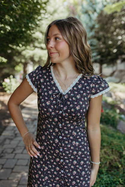 THE MAVIS FLORAL MIDI BUTTON DRESS IN ANTIQUE BLACK ROSE