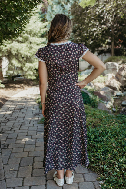 THE MAVIS FLORAL MIDI BUTTON DRESS IN ANTIQUE BLACK ROSE